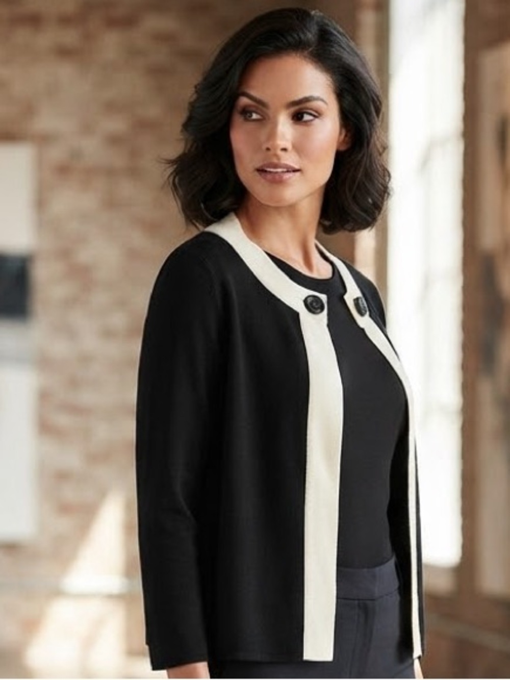 Y2K CABLE & GAUGE Black & Cream Knit Contrast Collar Button-Front Cardigan S